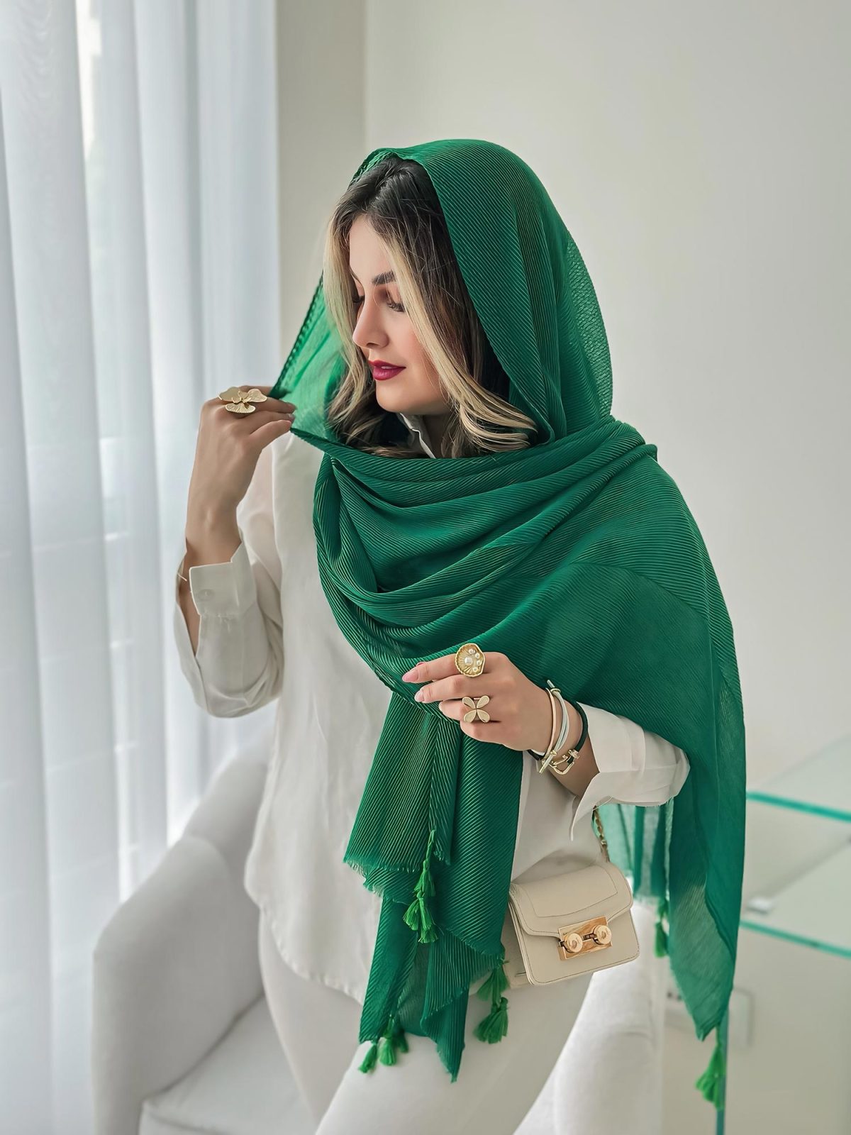 شال پلیسه نخی سبز خزه‌ای