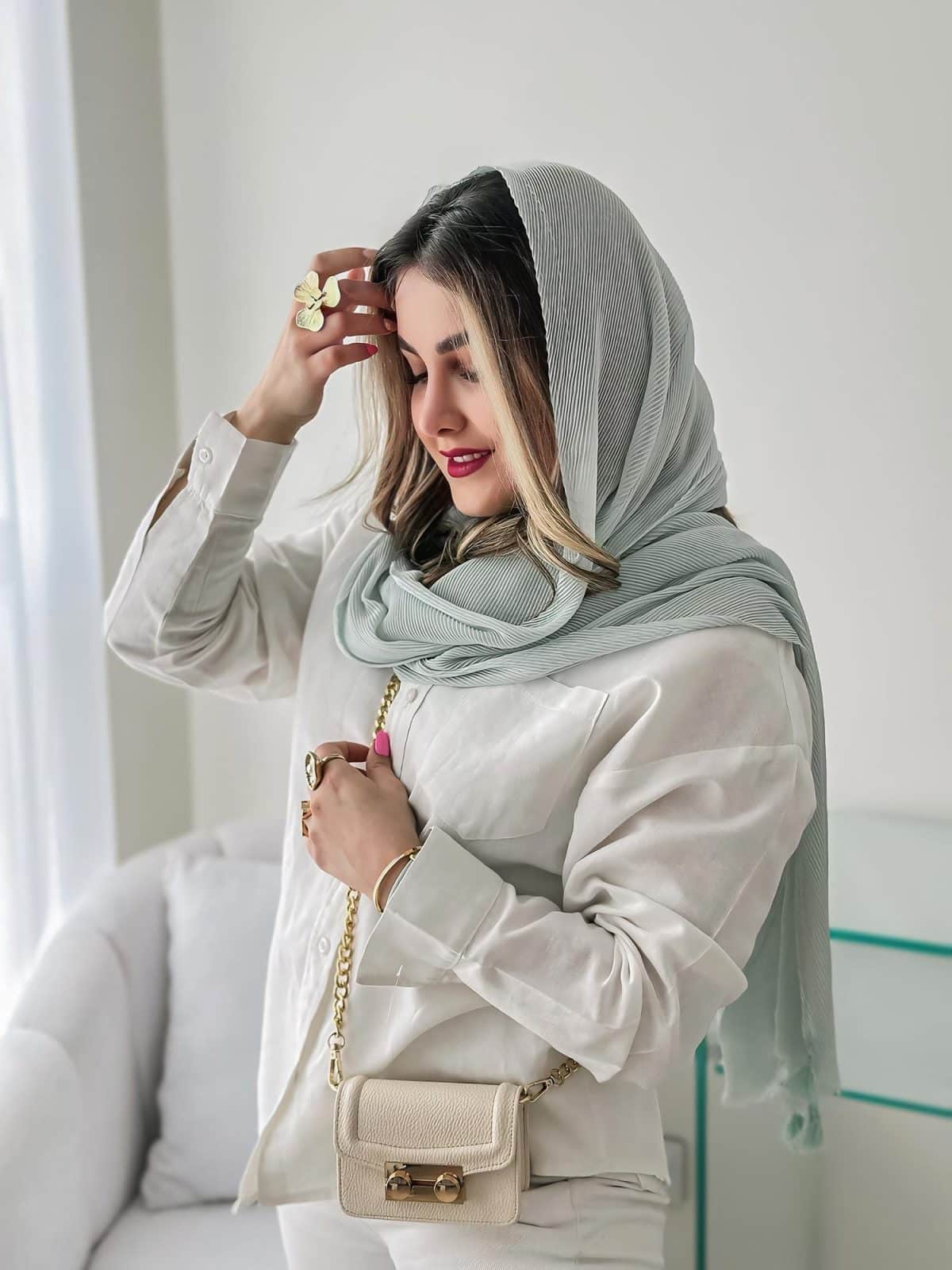شال پلیسه نخی سبز پاستلی