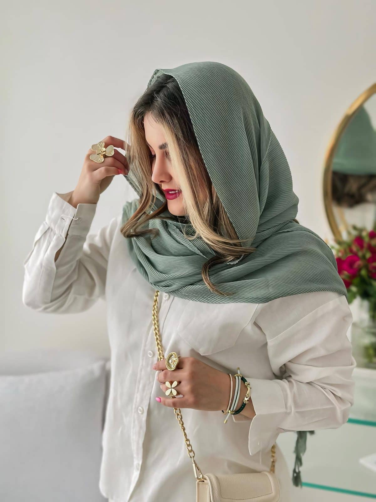 شال پلیسه نخی سبز دریایی