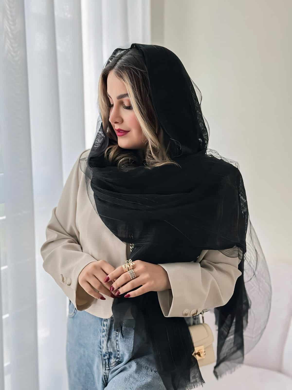 شال حریر دو لایه ابریشمی مشکی