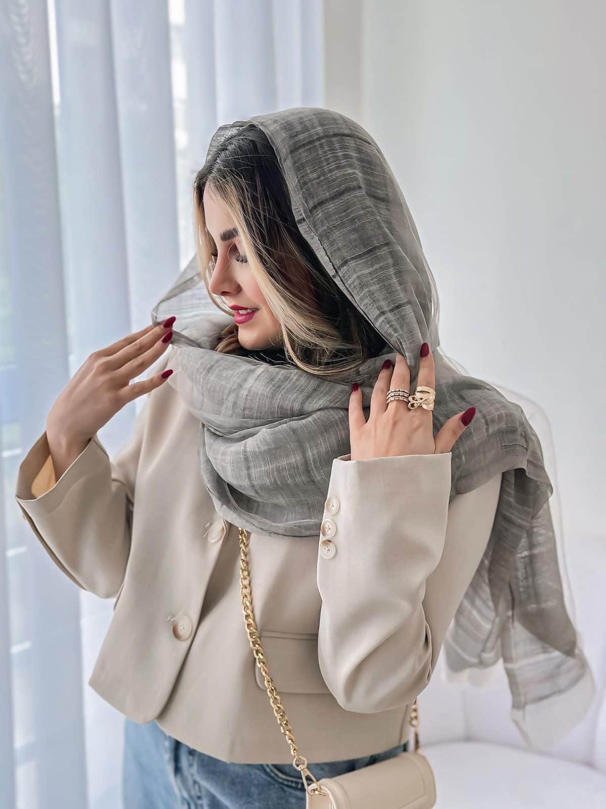 شال حریر دو لایه ابریشمی طوسی