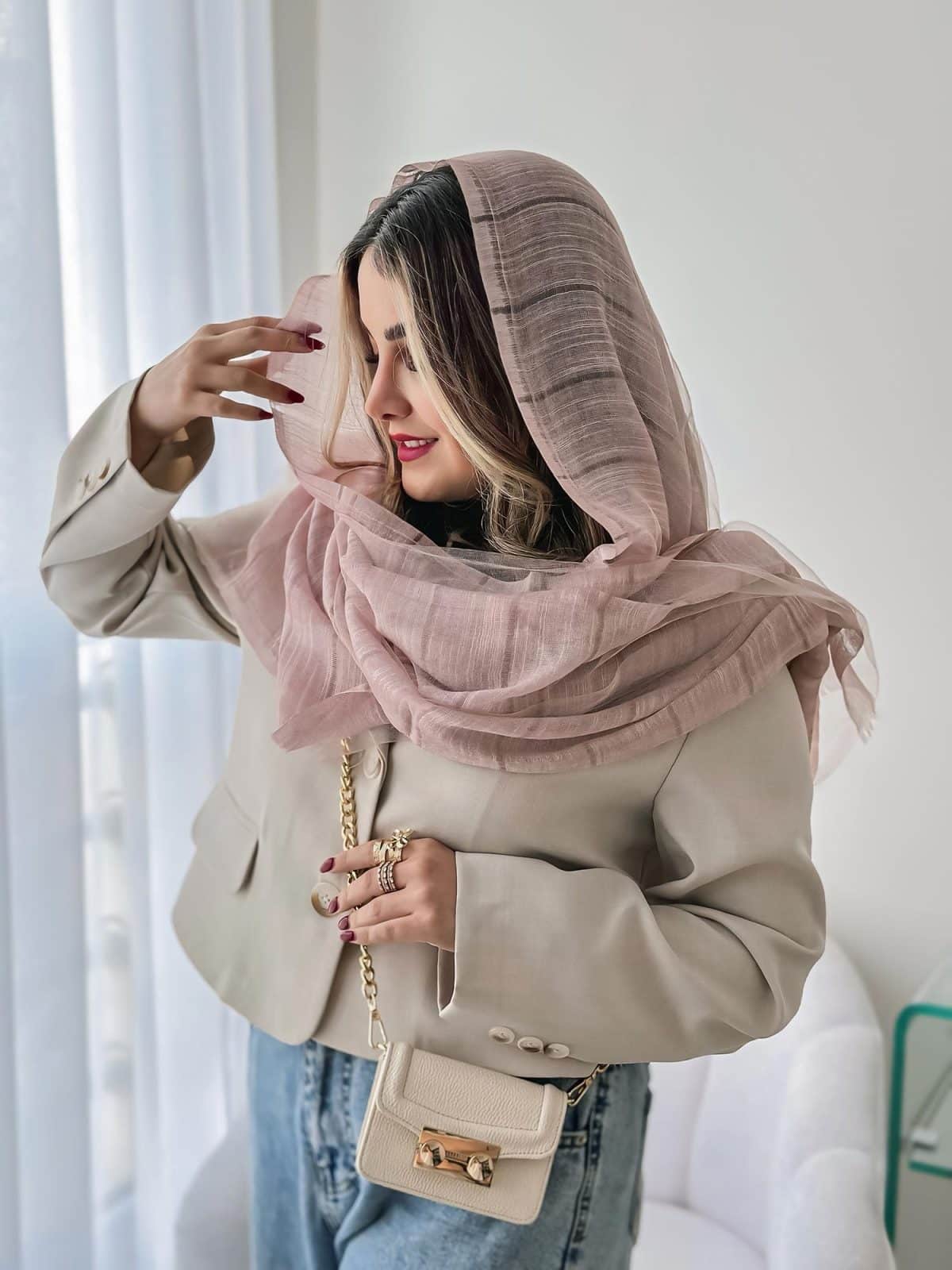 شال حریر دو لایه ابریشمی صورتی