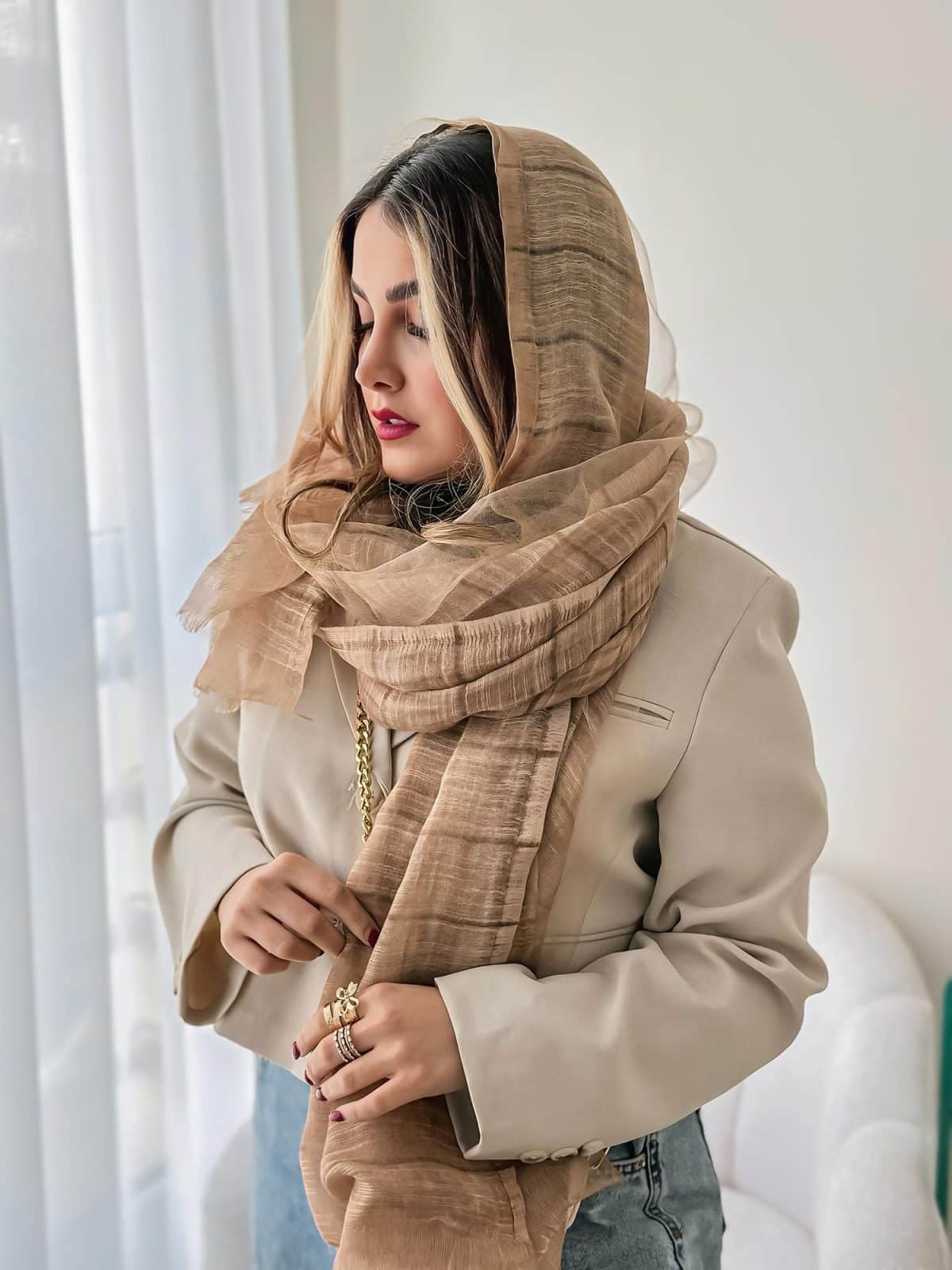 شال حریر دو لایه ابریشمی کرم متوسط